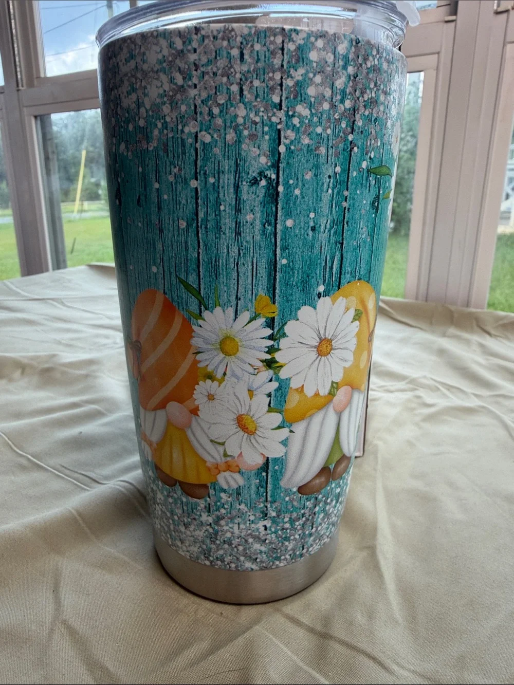 Source Unknown Teal and Yellow Daisy Gnome Travel Tumbler